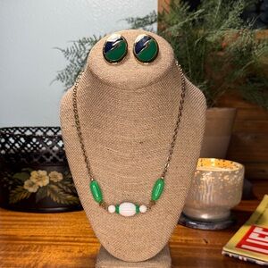 Vintage Avon Green & White Necklace & Vintage Enamel Earrings Jewelry Set (2 pc)